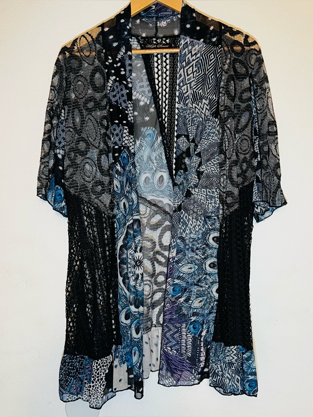 Women SZ Lg Kimono Wrap Multi Pattern Fabric Mesh Netting Peacock Sheer